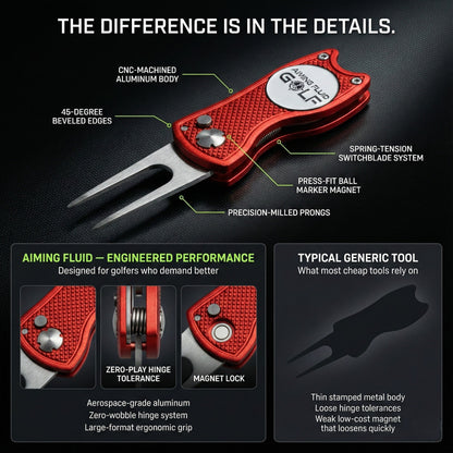 Foldable 5-in-1 divot tool, red aluminum body with magnetic ball marker, Aiming Fluid Golf on Tampa Home & Garden Store