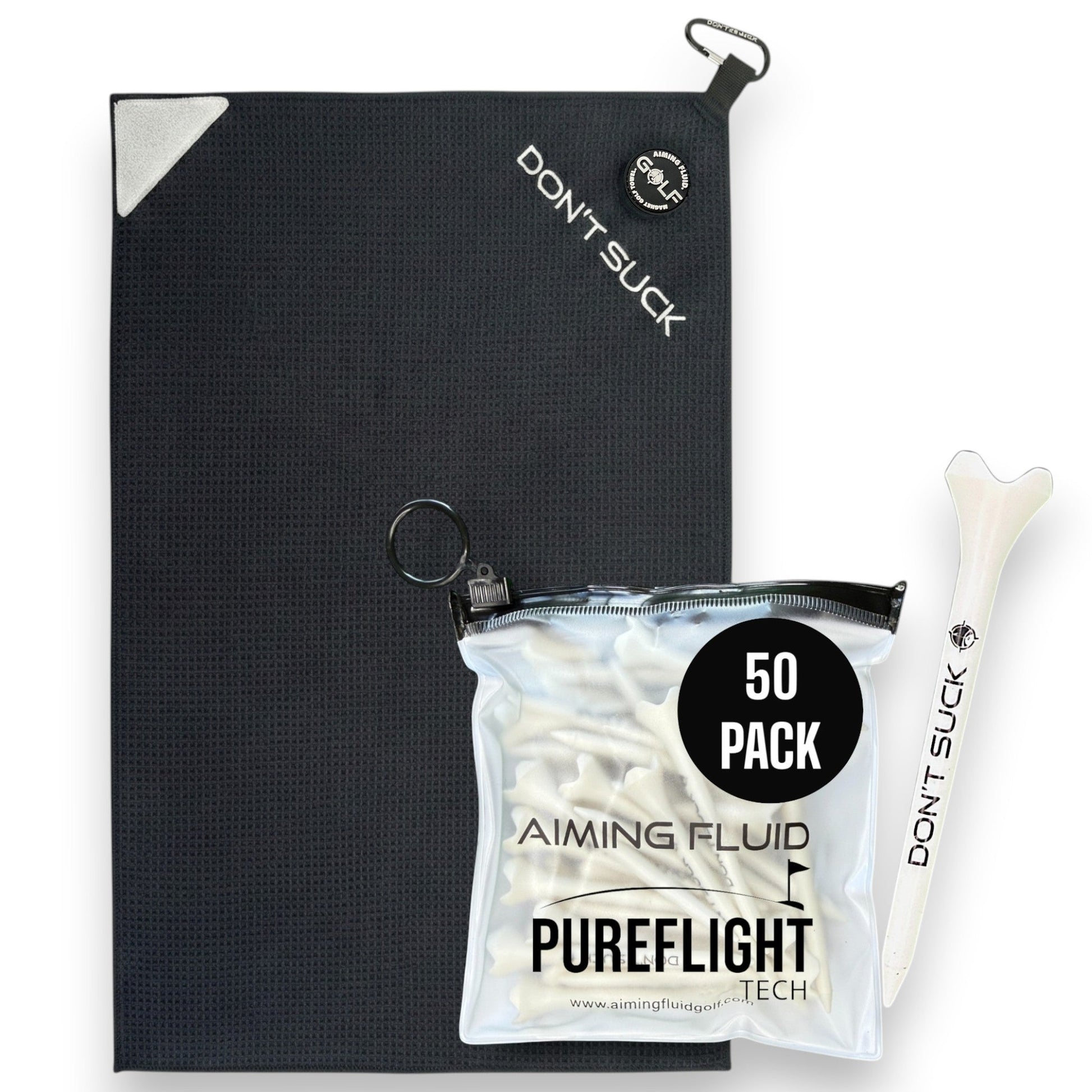 Don’t Suck magnetic golf towel bundle with 50-pack tees; black towel, carabiner, Aiming Fluid on Tampa Home & Garden Store