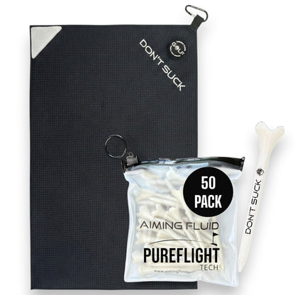 Don’t Suck magnetic golf towel bundle with 50-pack tees; black towel, carabiner, Aiming Fluid on Tampa Home & Garden Store