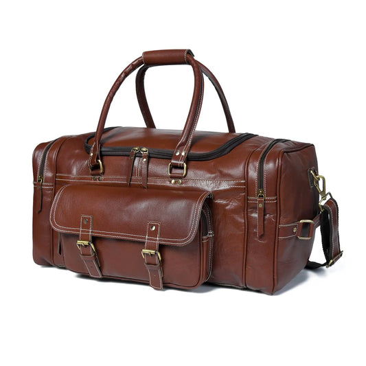 Buffalo Leather Traveler Weekender Duffle brown with brass hardware and sturdy handles on Tampa Home & Garden Store