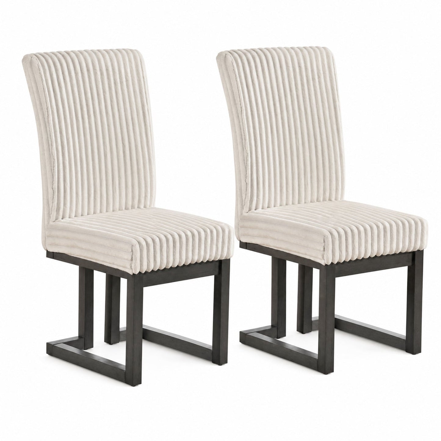 Upholstered dining chairs set of 2 in beige ribbed fabric with dark rubber wood legs on Tampa Home & Garden Store