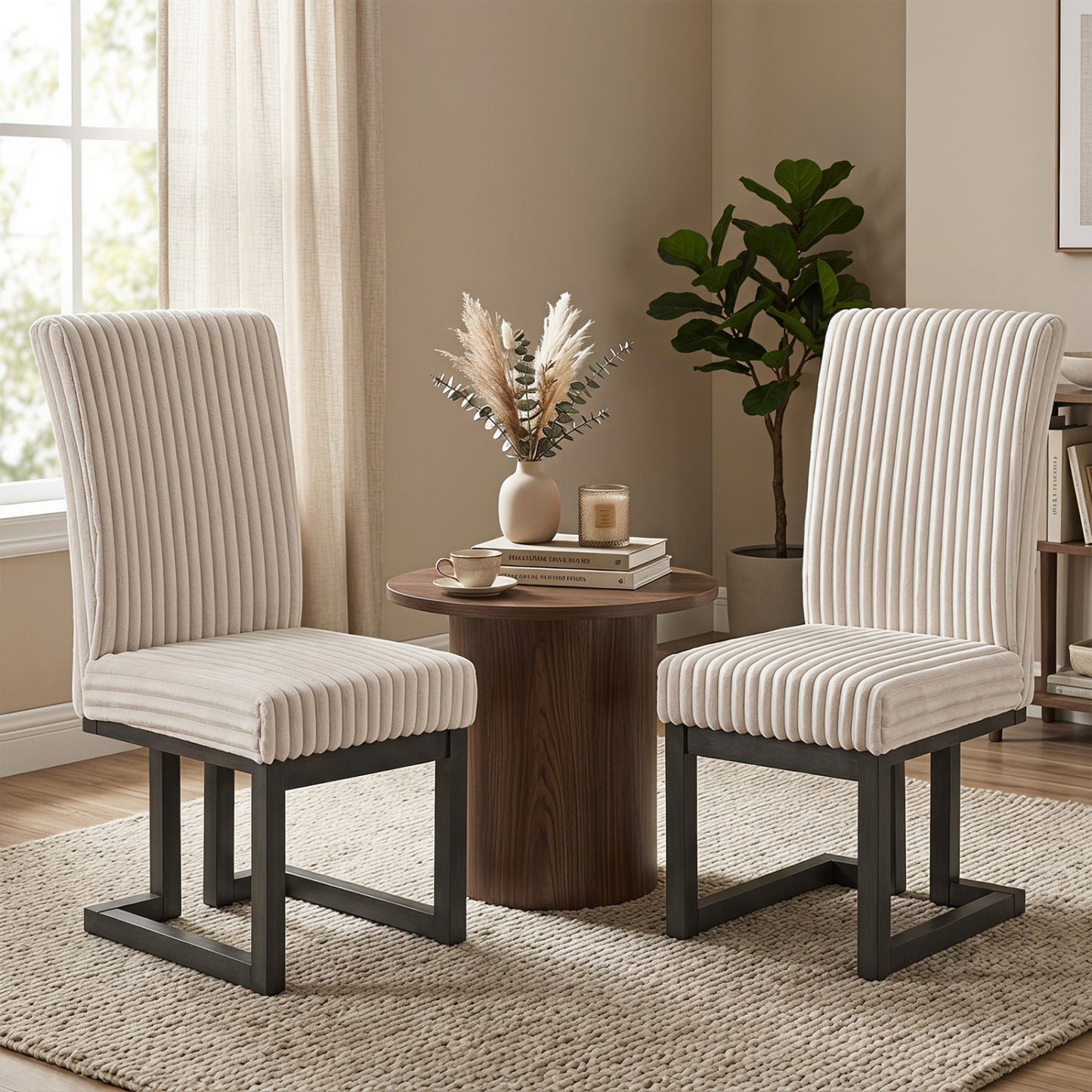 DirectDeals Upholstered Dining Chairs set of 2 with cream ribbed fabric and rubber wood legs on Tampa Home & Garden Store