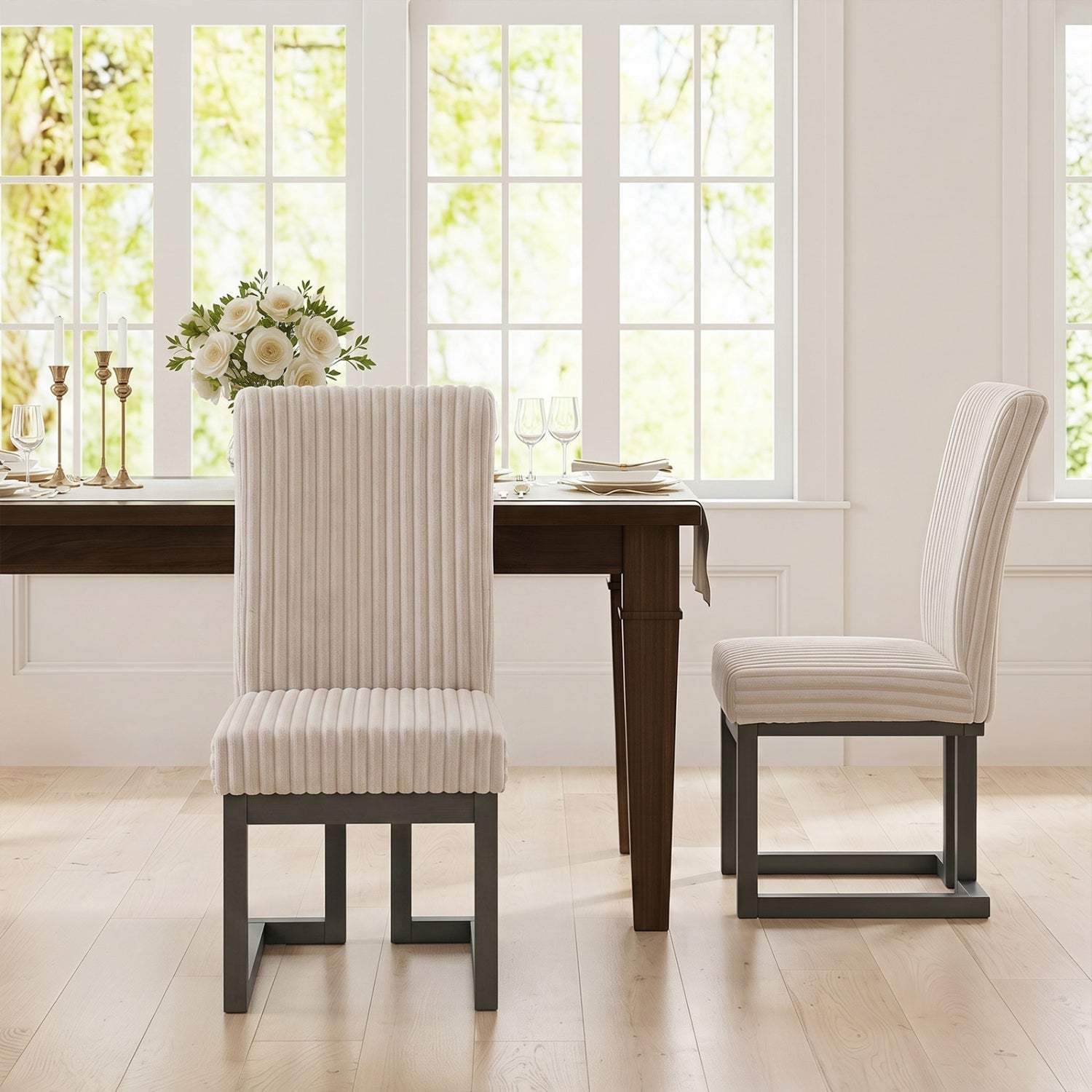 Upholstered dining chairs set of 2 beige ribbed fabric with rubber wood legs DirectDeals on Tampa Home & Garden Store