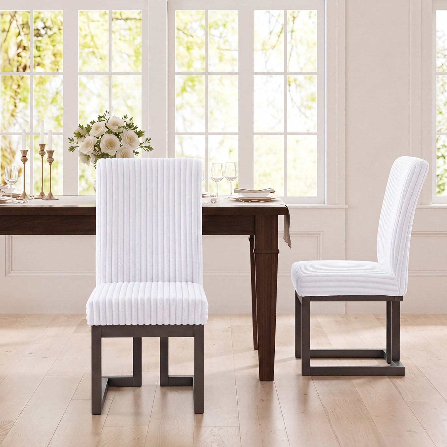 Upholstered dining chairs set of 2 with rubber wood legs, white ribbed fabric on Tampa Home & Garden Store
