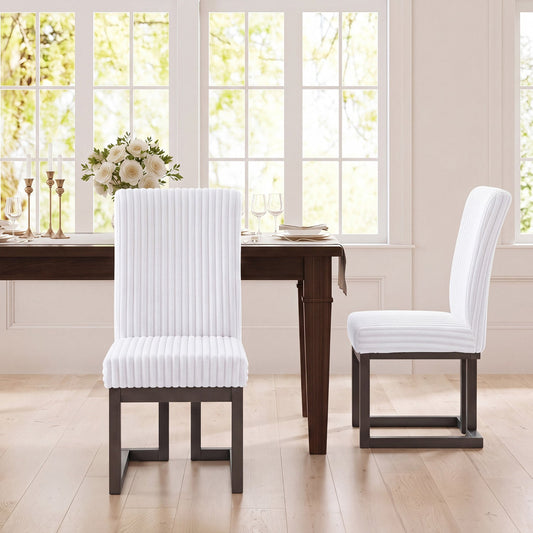 Upholstered dining chairs set of 2 with rubber wood legs, white ribbed fabric on Tampa Home & Garden Store