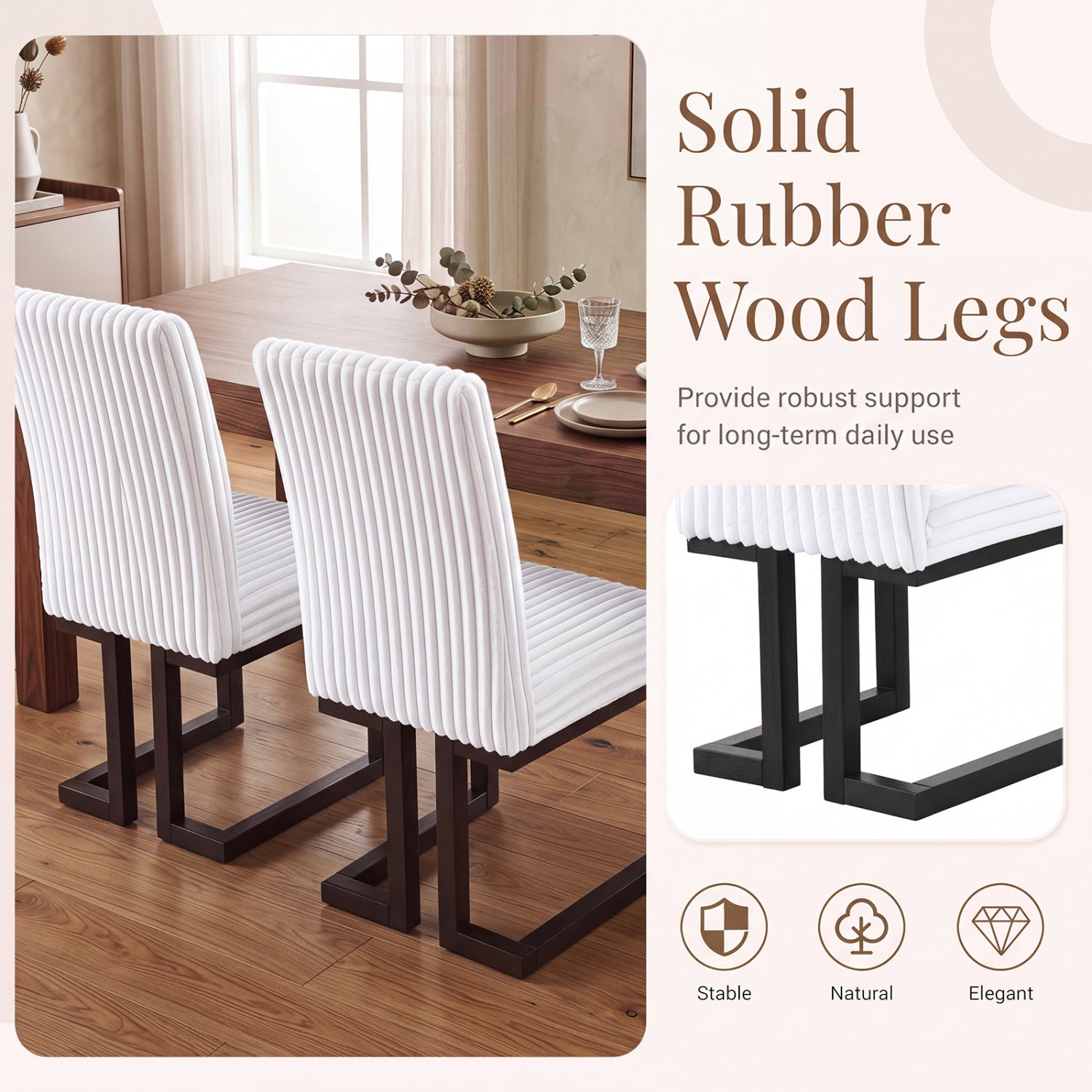 DirectDeals Upholstered Dining Chairs Set of 2 with rubber wood legs, white ribbed fabric on Tampa Home & Garden Store