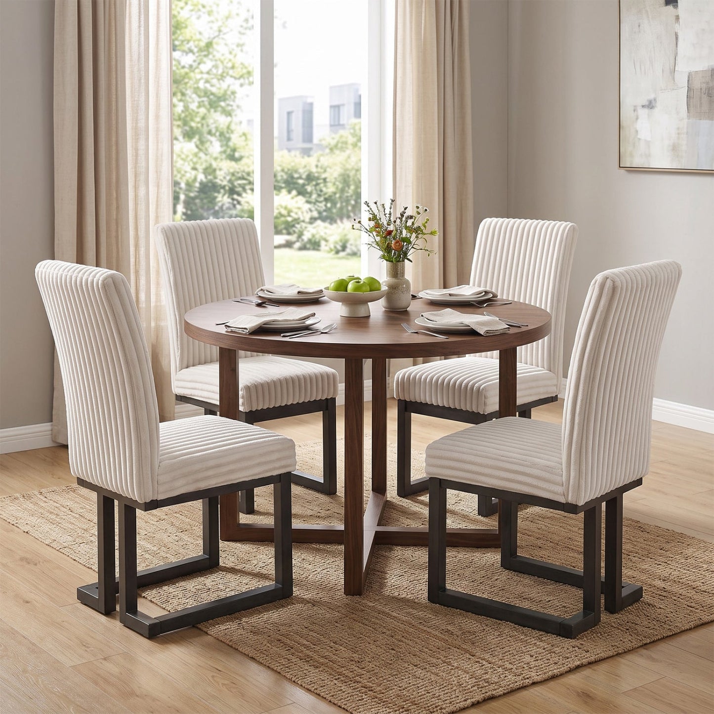 Upholstered dining chairs set of 4 in cream fabric with vertical channels and rubber wood legs on Tampa Home & Garden Store