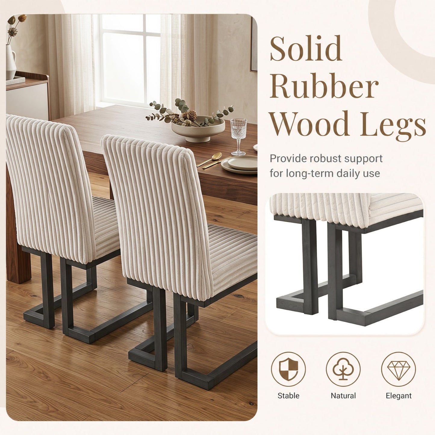 Upholstered dining chairs set of 4 with ribbed beige fabric and rubber wood legs on Tampa Home & Garden Store