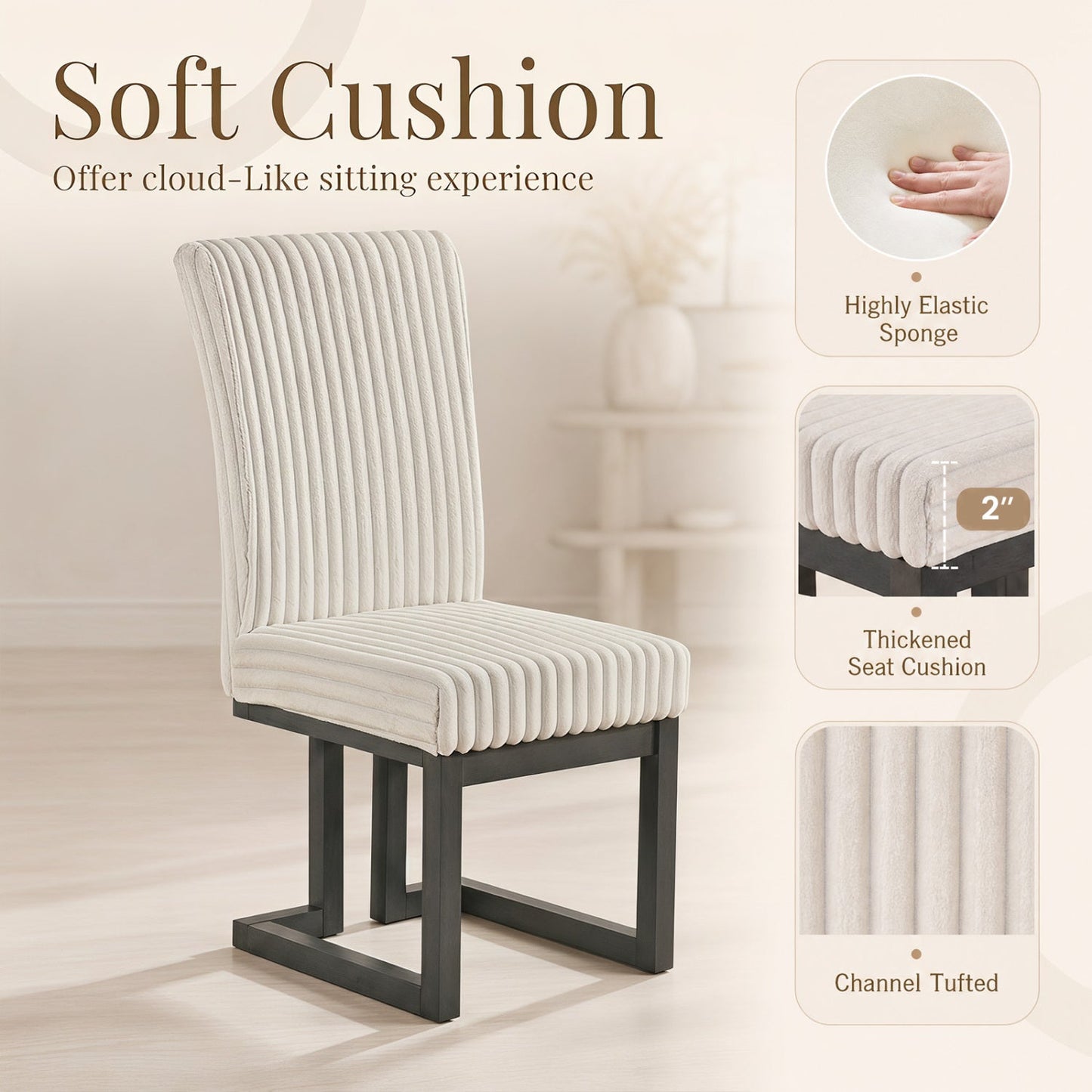 DirectDeals Upholstered Dining Chairs 4-pack with ribbed beige fabric and rubber wood legs on Tampa Home & Garden Store