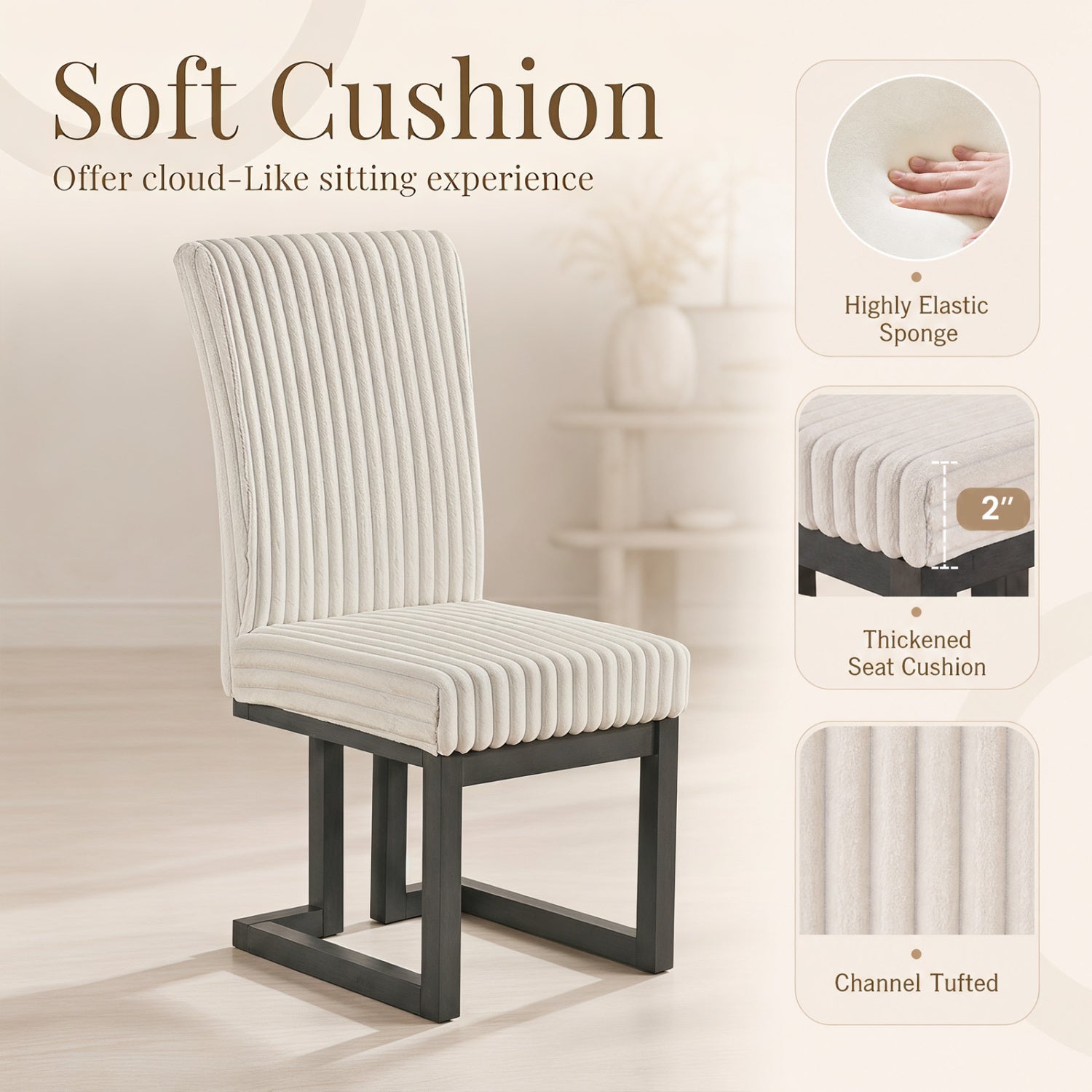 DirectDeals Upholstered Dining Chairs 4-pack with ribbed beige fabric and rubber wood legs on Tampa Home & Garden Store