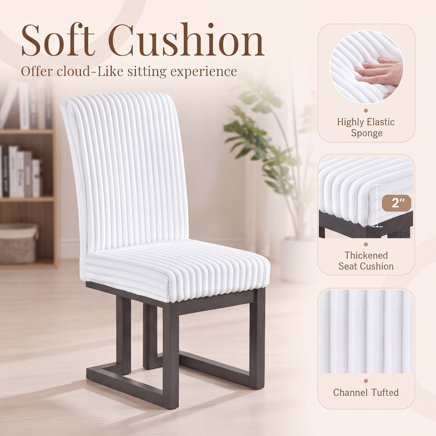 Upholstered Dining Chairs set of 4 with rubber wood legs, white channel-tufted cushions on Tampa Home & Garden Store