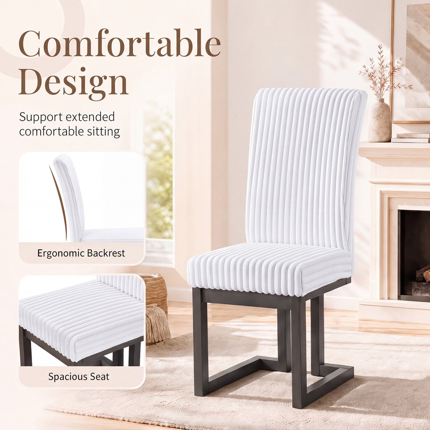 Upholstered Dining Chairs Set of 4 with white ribbed fabric and rubber wood legs DirectDeals on Tampa Home & Garden Store