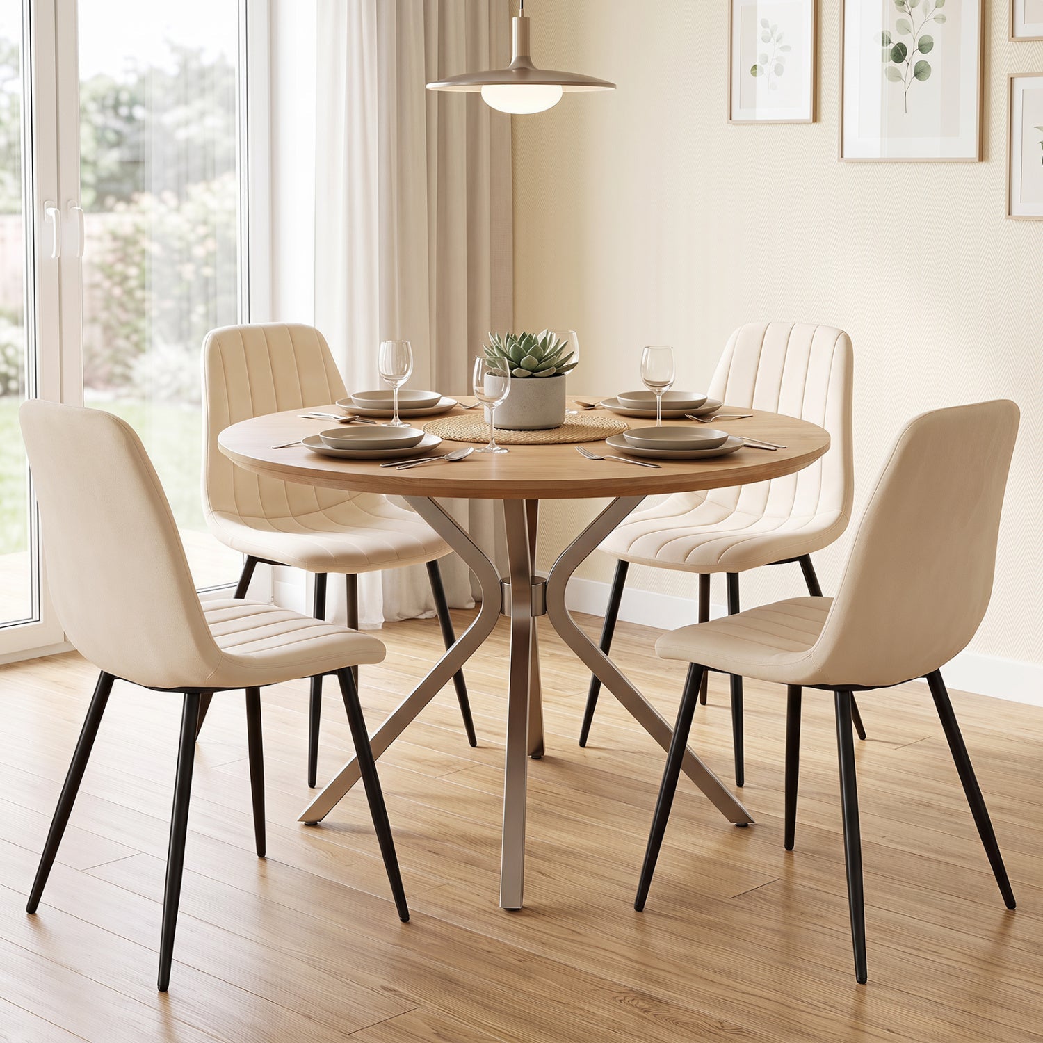 Upholstered dining chairs set of 4 in beige with black metal legs on Tampa Home & Garden Store