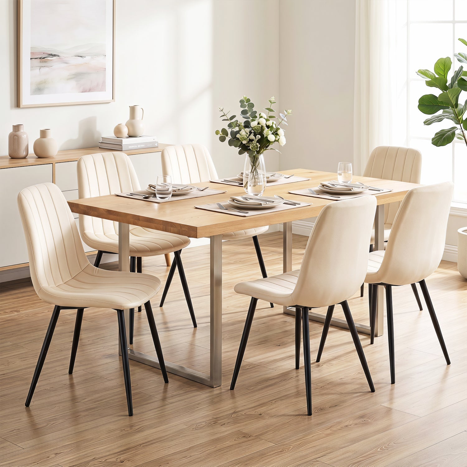Upholstered Dining Chairs set of 4 with black metal legs in beige fabric DirectDeals on Tampa Home & Garden Store