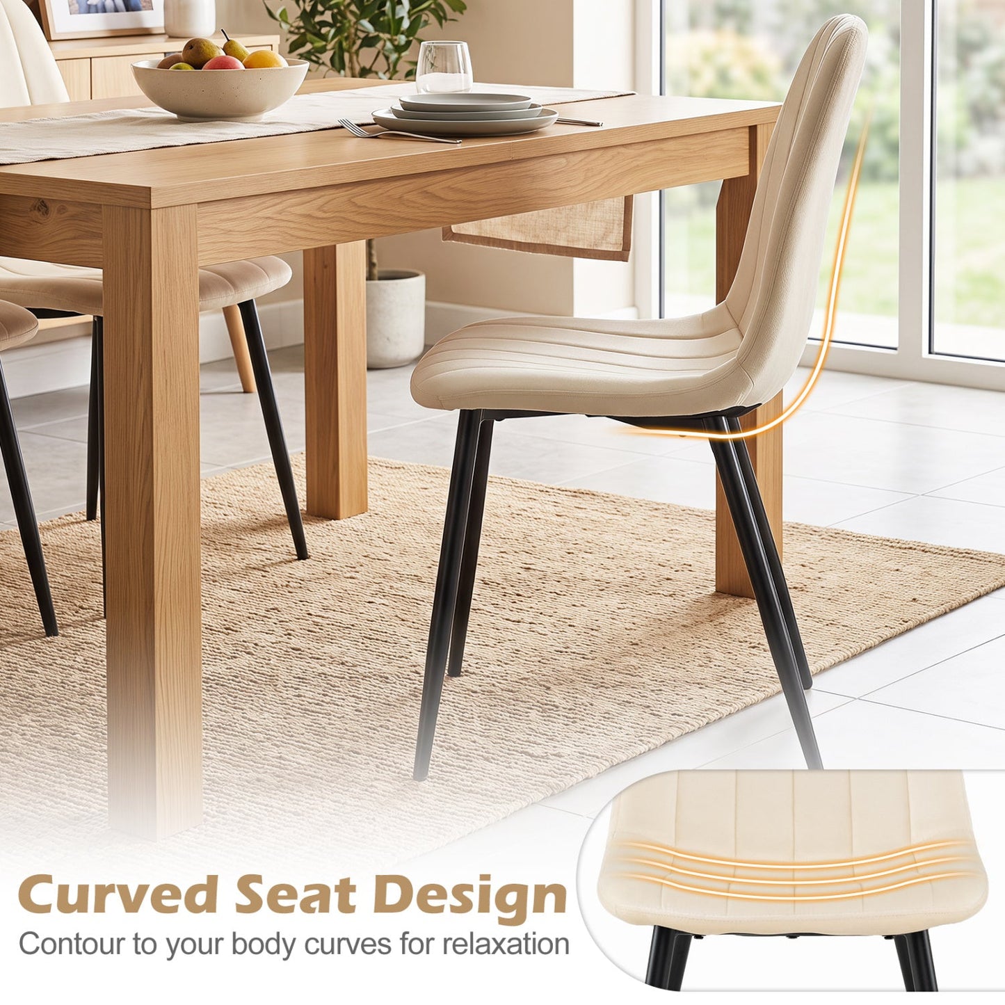 Upholstered dining chairs set of 4 by DirectDeals, beige curved seats with black metal legs on Tampa Home & Garden Store