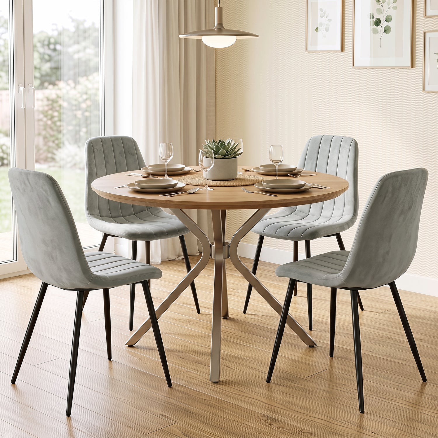 Upholstered dining chairs set of 4 by DirectDeals with metal legs in gray around a round table on Tampa Home & Garden Store