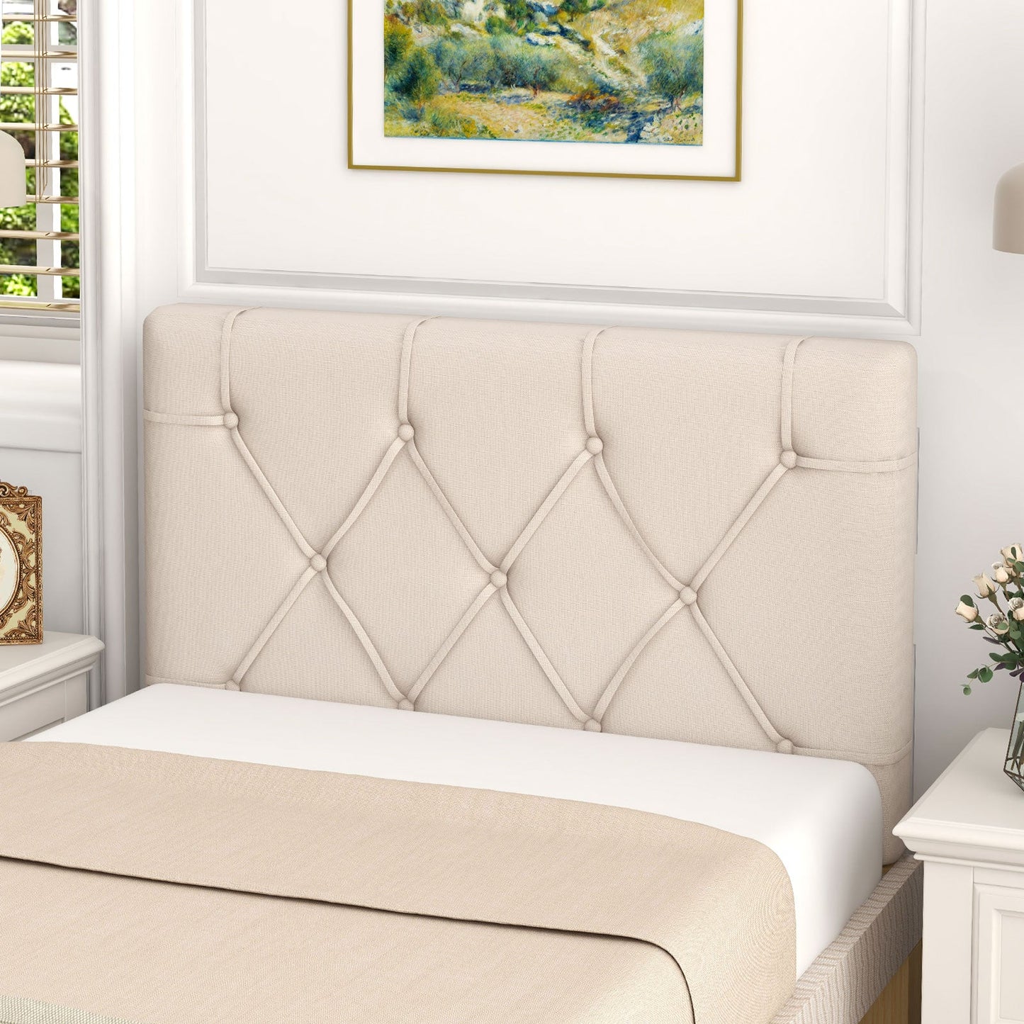 Cabecero tapizado para cama individual con tapicería de tela - Beige