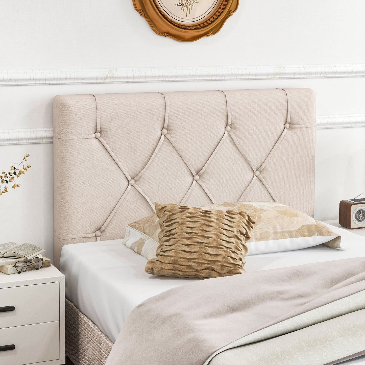 Cabecero tapizado para cama individual con tapicería de tela - Beige