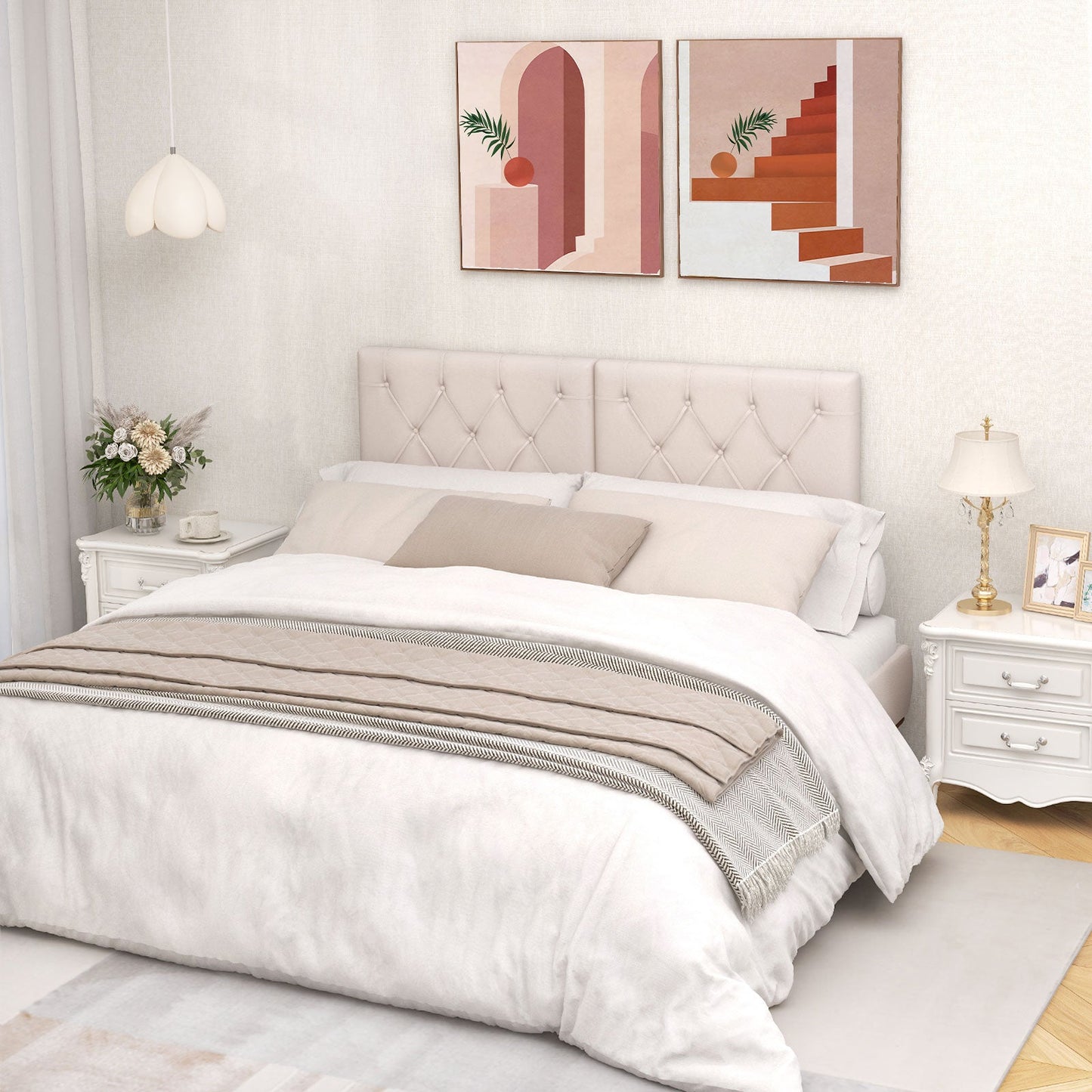Cabecero tapizado para cama individual con tapicería de tela - Beige