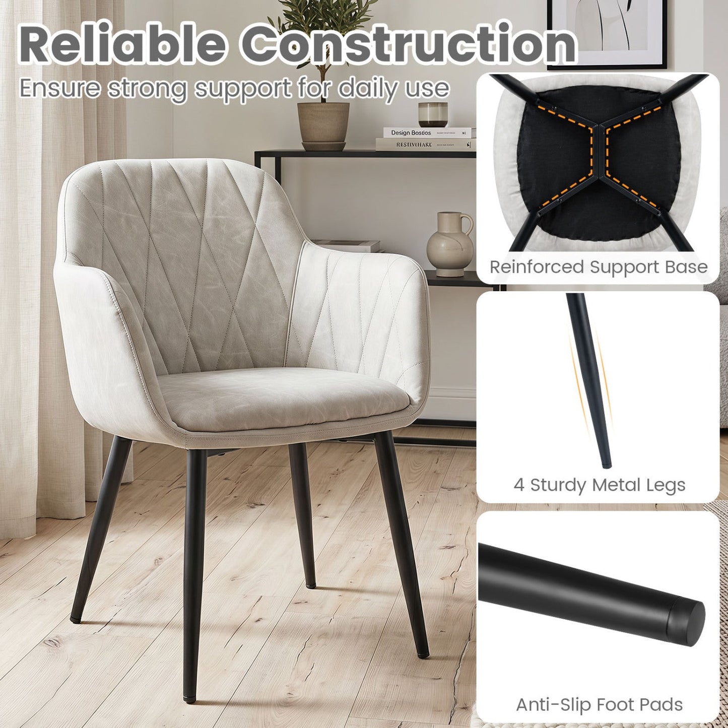 Upholstered dining chairs set of 2 with curved back in light grey fabric and black metal legs on Tampa Home & Garden Store