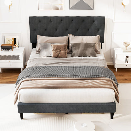 Cama Plataforma Tapizada con Cabecero Capitaneado y Somier de Láminas de Madera Gris-Matrimonial