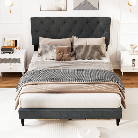 Upholstered Platform Bed with Tufted Headboard and Wooden Slats Gray-Full Size - Tampa Home & Garden Store