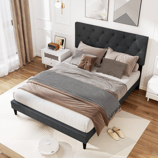 Upholstered Platform Bed with Tufted Headboard and Wooden Slats Gray-Full Size - Tampa Home & Garden Store