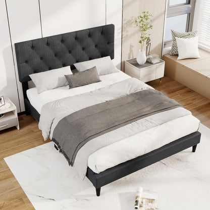 Cama Plataforma Tapizada con Cabecero Capitaneado y Somier de Láminas de Madera Gris-Matrimonial