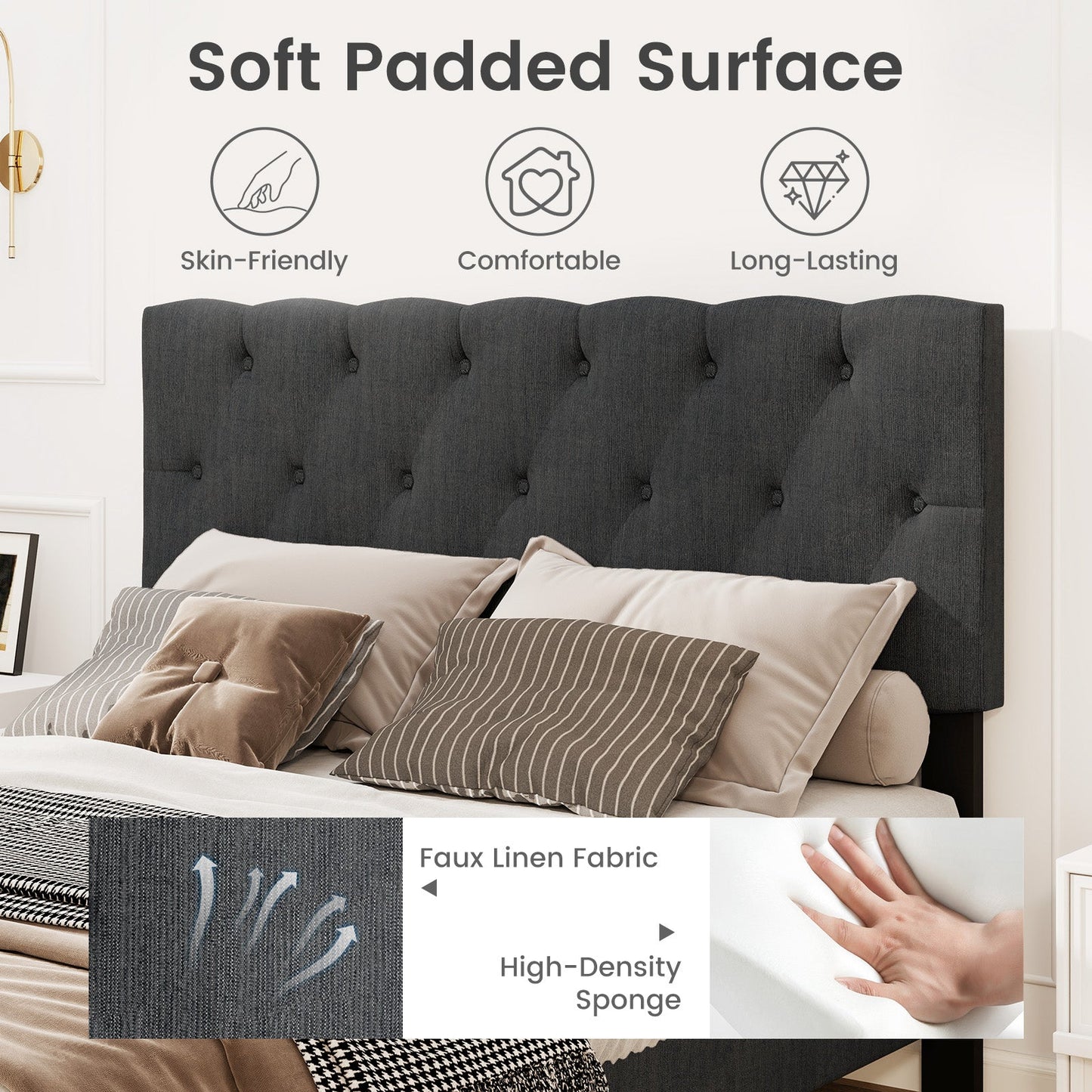 Cama Plataforma Tapizada con Cabecero Capitaneado y Somier de Láminas de Madera Gris-Matrimonial