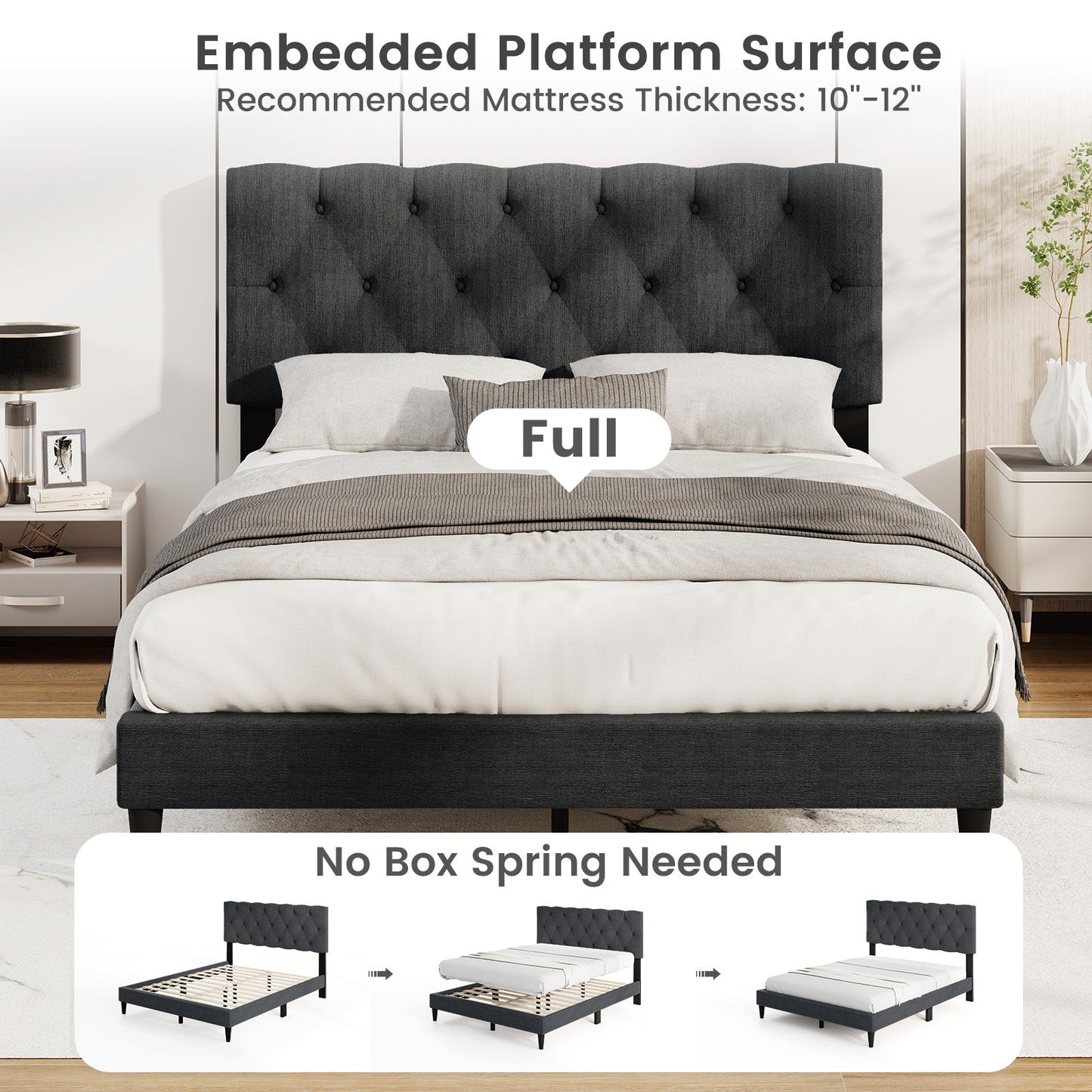 Cama Plataforma Tapizada con Cabecero Capitaneado y Somier de Láminas de Madera Gris-Matrimonial