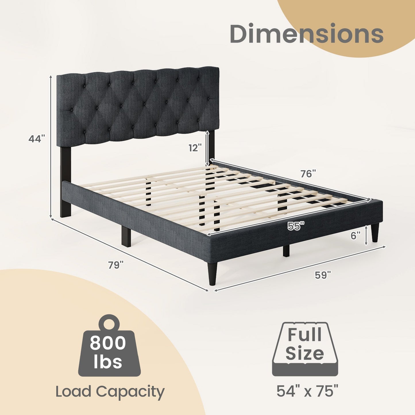 Cama Plataforma Tapizada con Cabecero Capitaneado y Somier de Láminas de Madera Gris-Matrimonial
