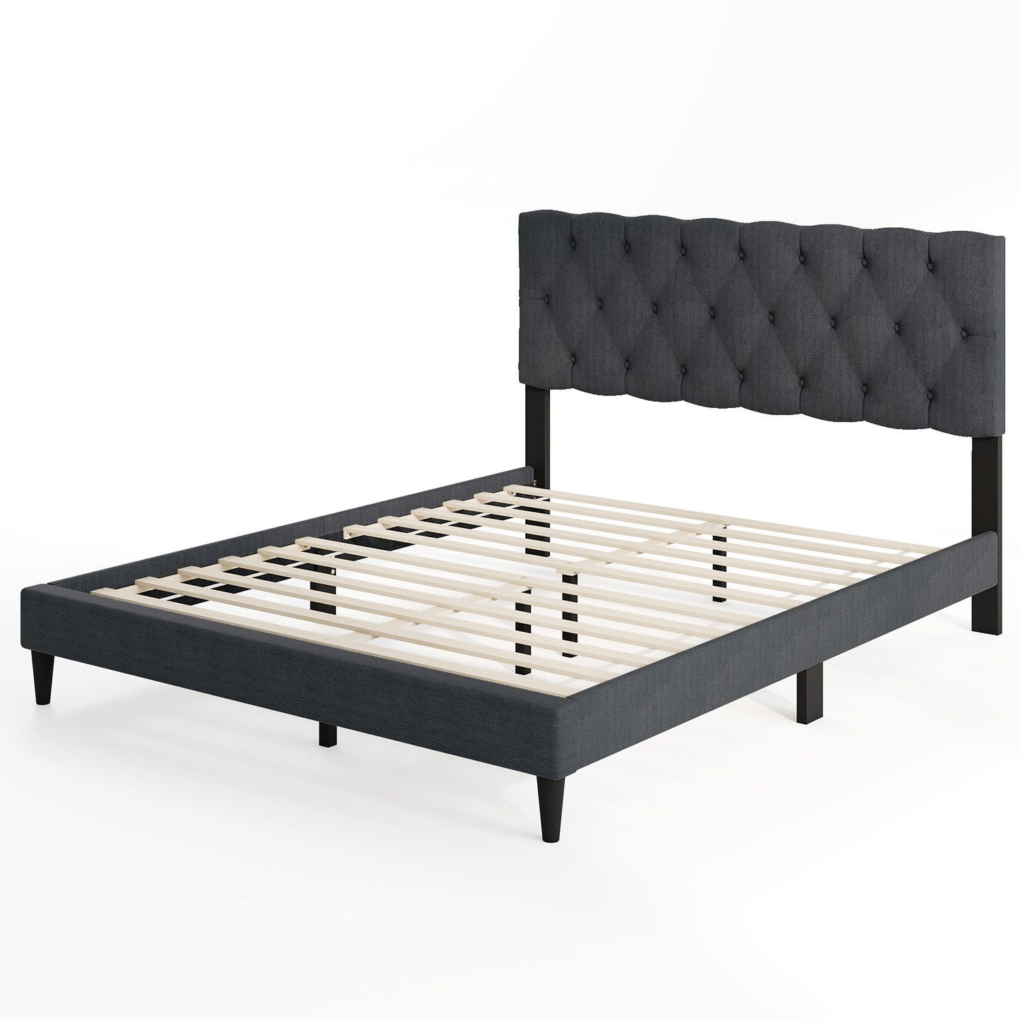 Cama Plataforma Tapizada con Cabecero Capitaneado y Somier de Láminas de Madera Gris-Matrimonial