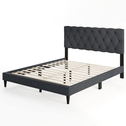Cama Plataforma Tapizada con Cabecero Capitaneado y Somier de Láminas de Madera Gris-Matrimonial