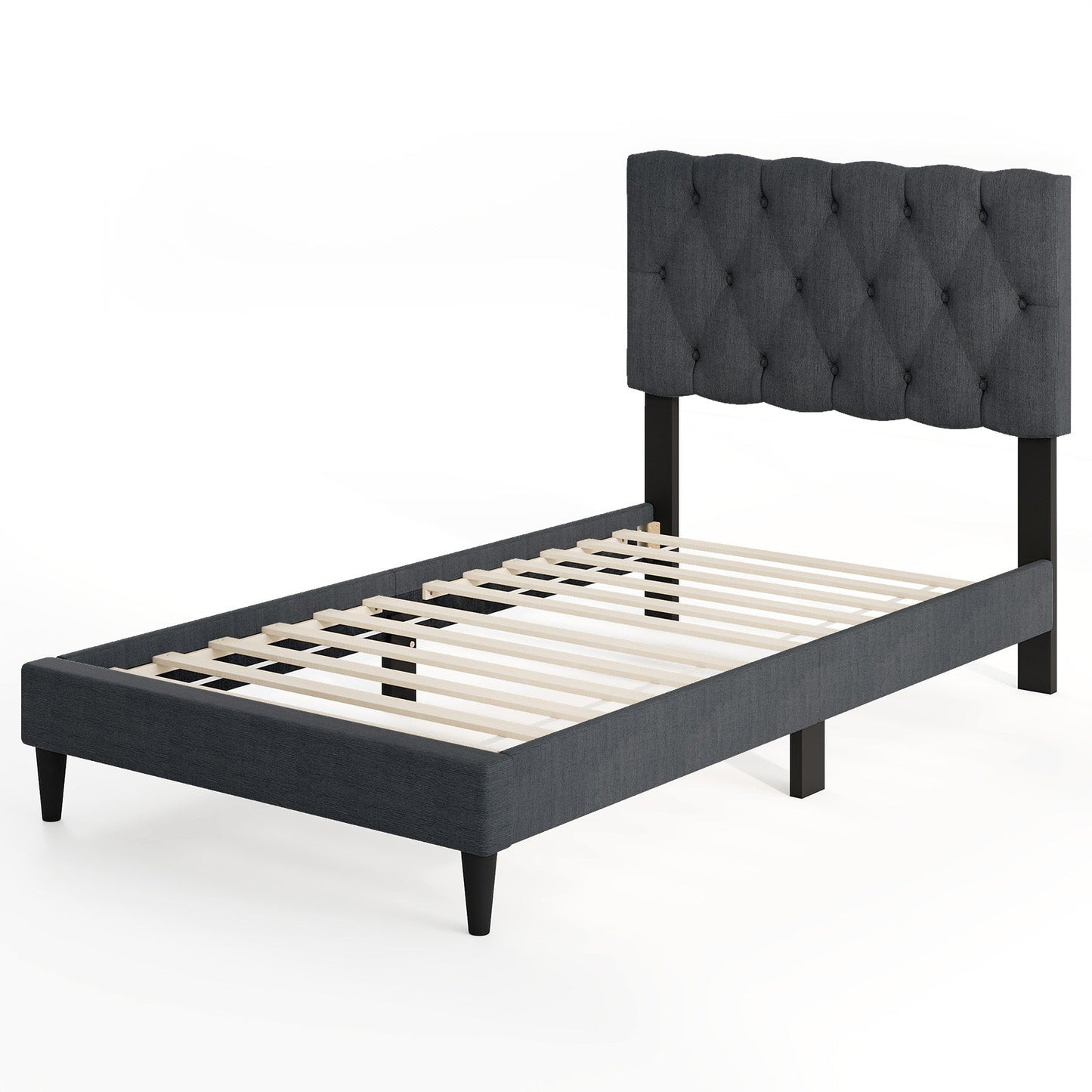 Cama Plataforma Tapizada con Cabecero Capitaneado y Somier de Láminas de Madera Gris-Matrimonial