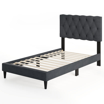 Cama Plataforma Tapizada con Cabecero Capitaneado y Somier de Láminas de Madera Gris-Matrimonial