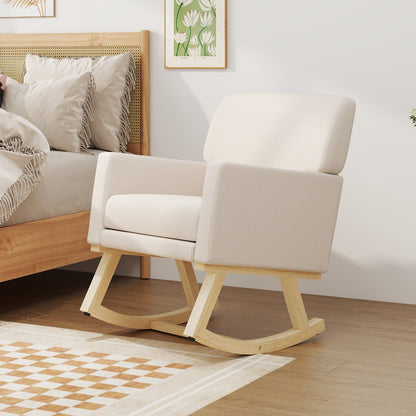 Mecedora tapizada con base de madera maciza - Beige