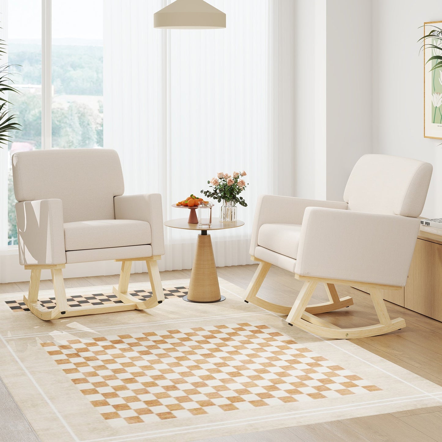 Mecedora tapizada con base de madera maciza - Beige