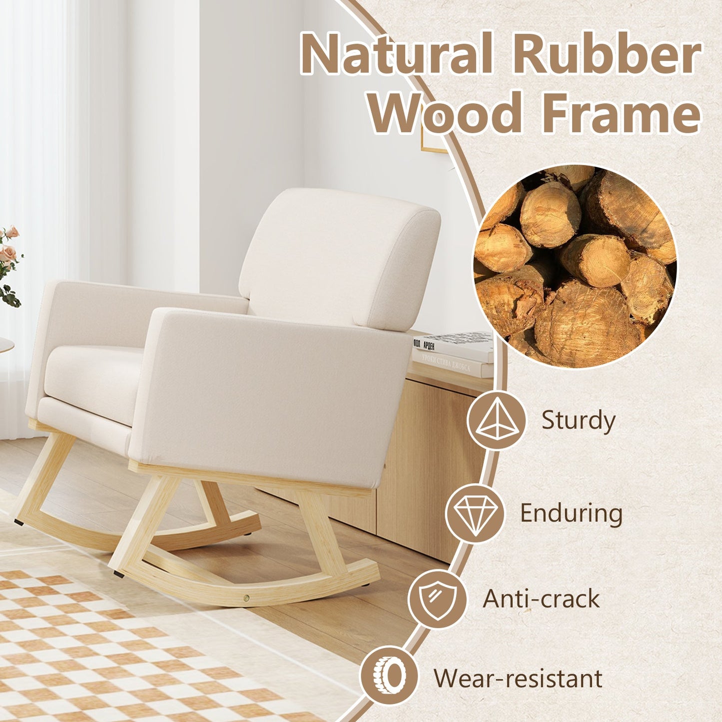 Mecedora tapizada con base de madera maciza - Beige