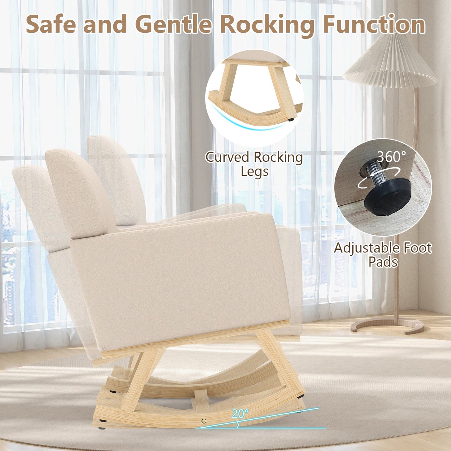 Mecedora tapizada con base de madera maciza - Beige