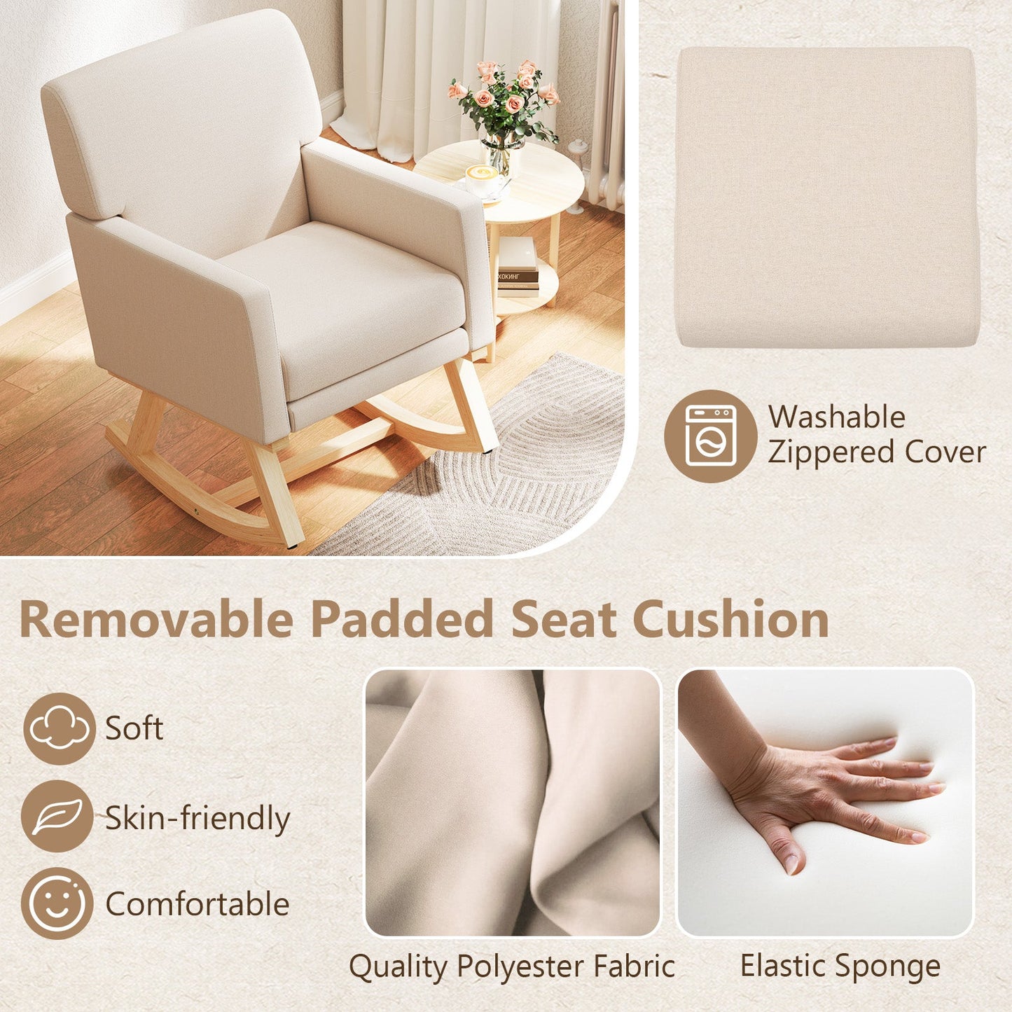 Mecedora tapizada con base de madera maciza - Beige