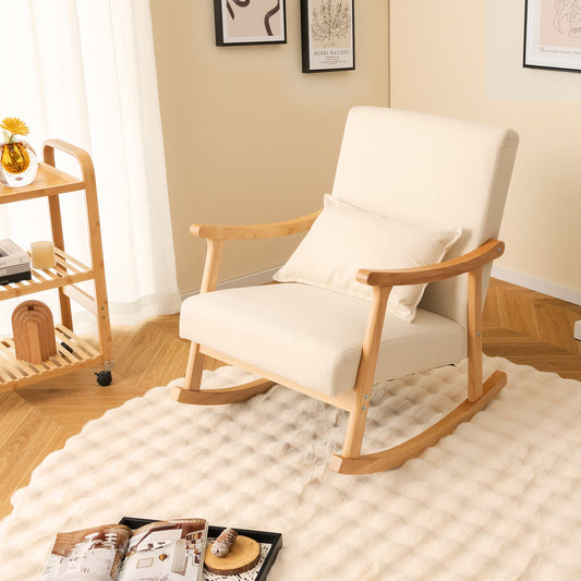 Upholstered Rocking Chair with Pillow and Rubber Wood Frame - Tampa Home & Garden Store