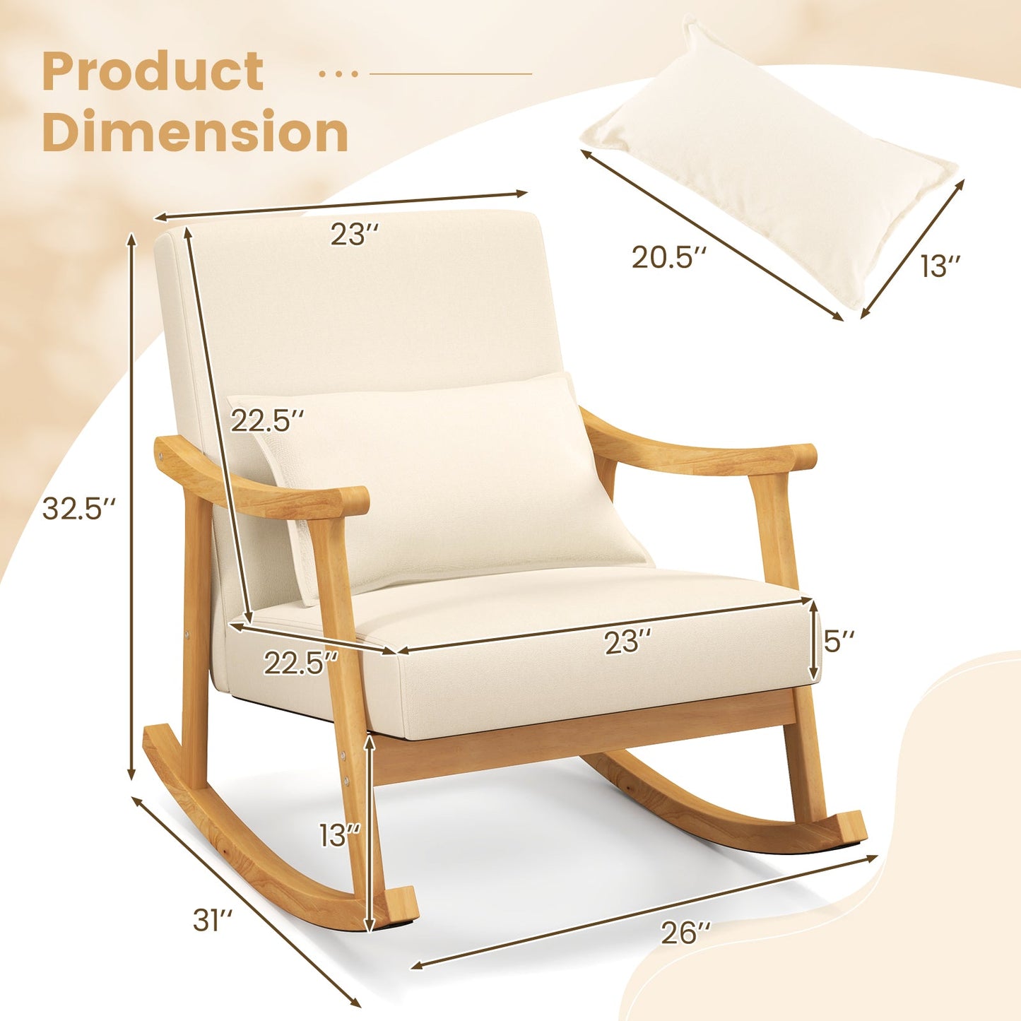 Upholstered Rocking Chair with Pillow and Rubber Wood Frame