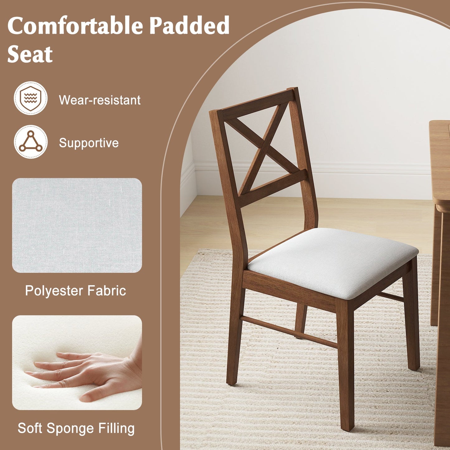 Upholstered Side Dining Chairs Set of 2 with Rubber Wood Frame-Brown