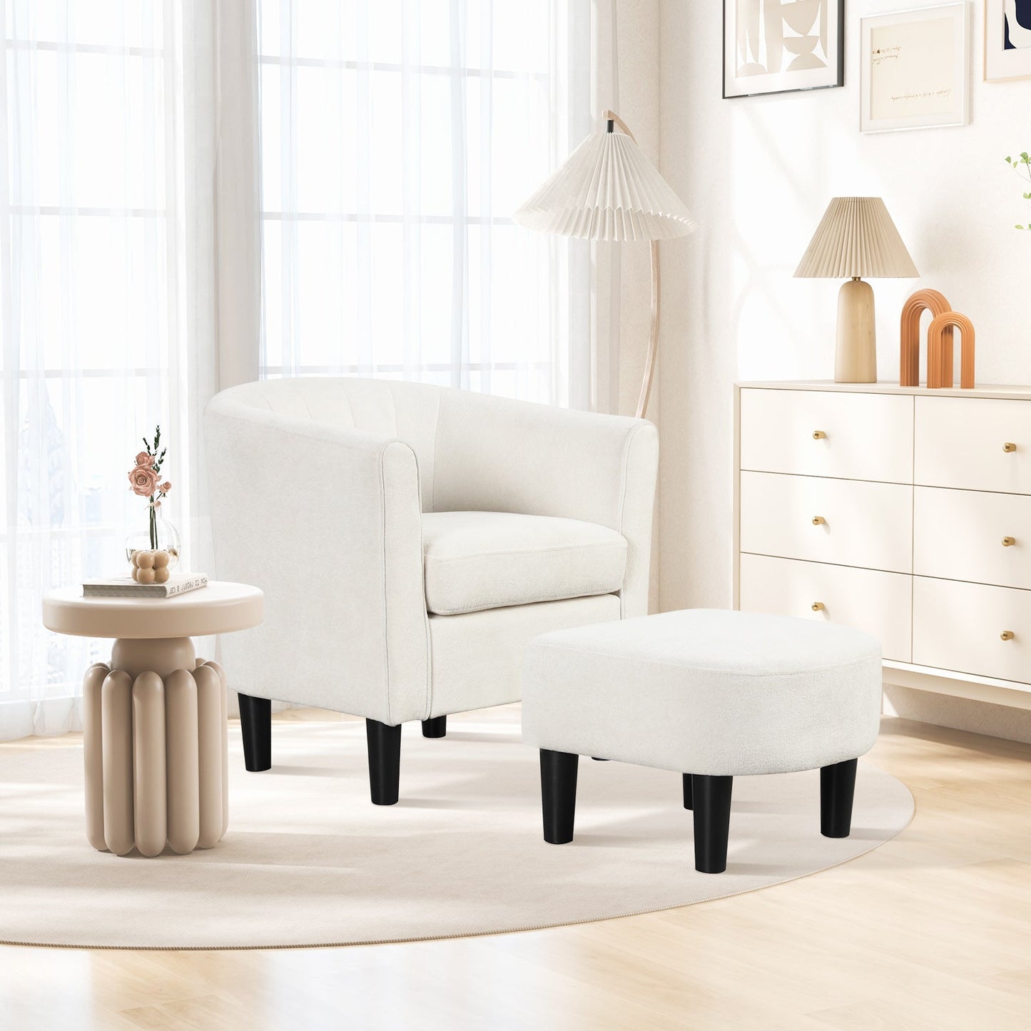 Sillón club de terciopelo Teddy tapizado con otomana y reposapiés - Beige