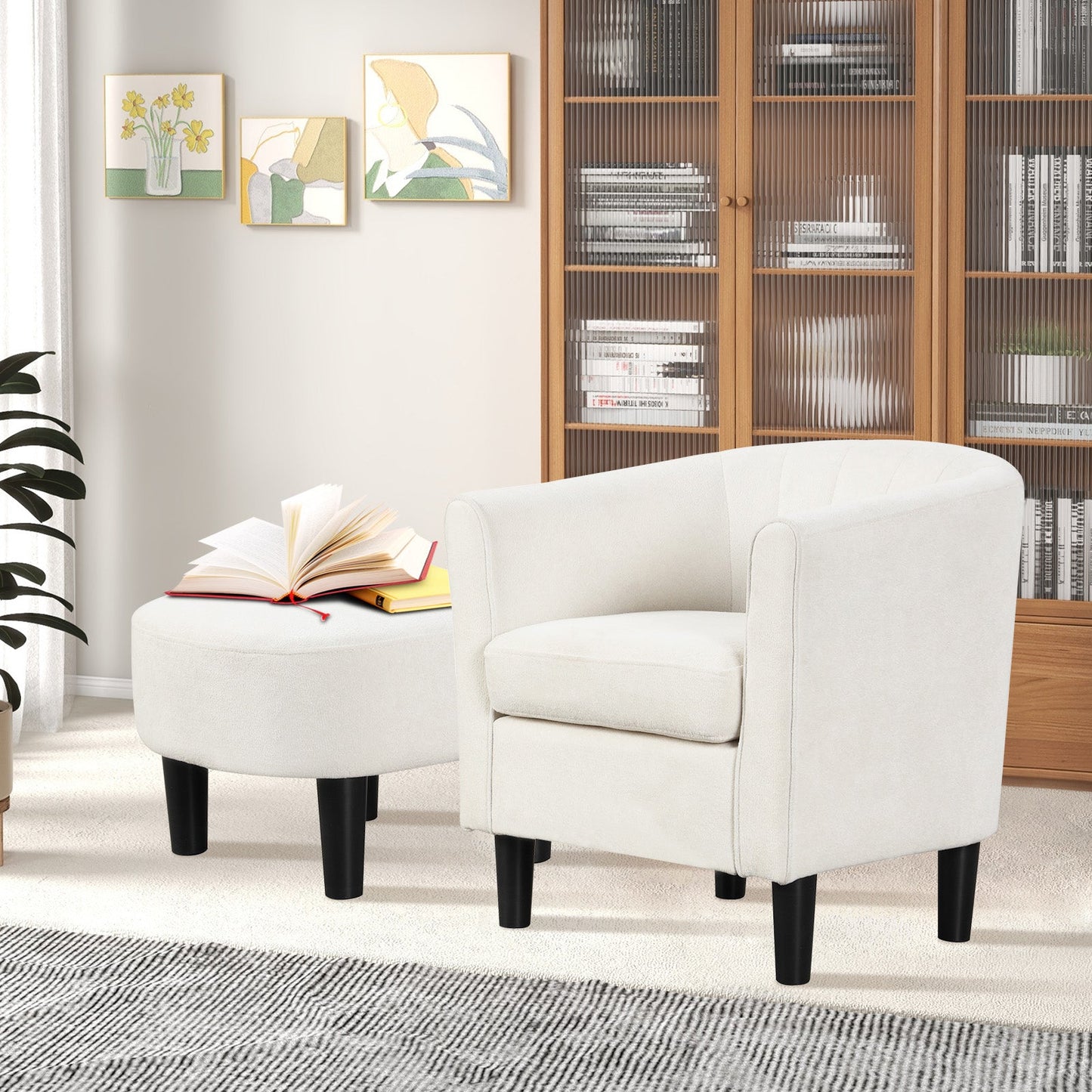 Sillón club de terciopelo Teddy tapizado con otomana y reposapiés - Beige