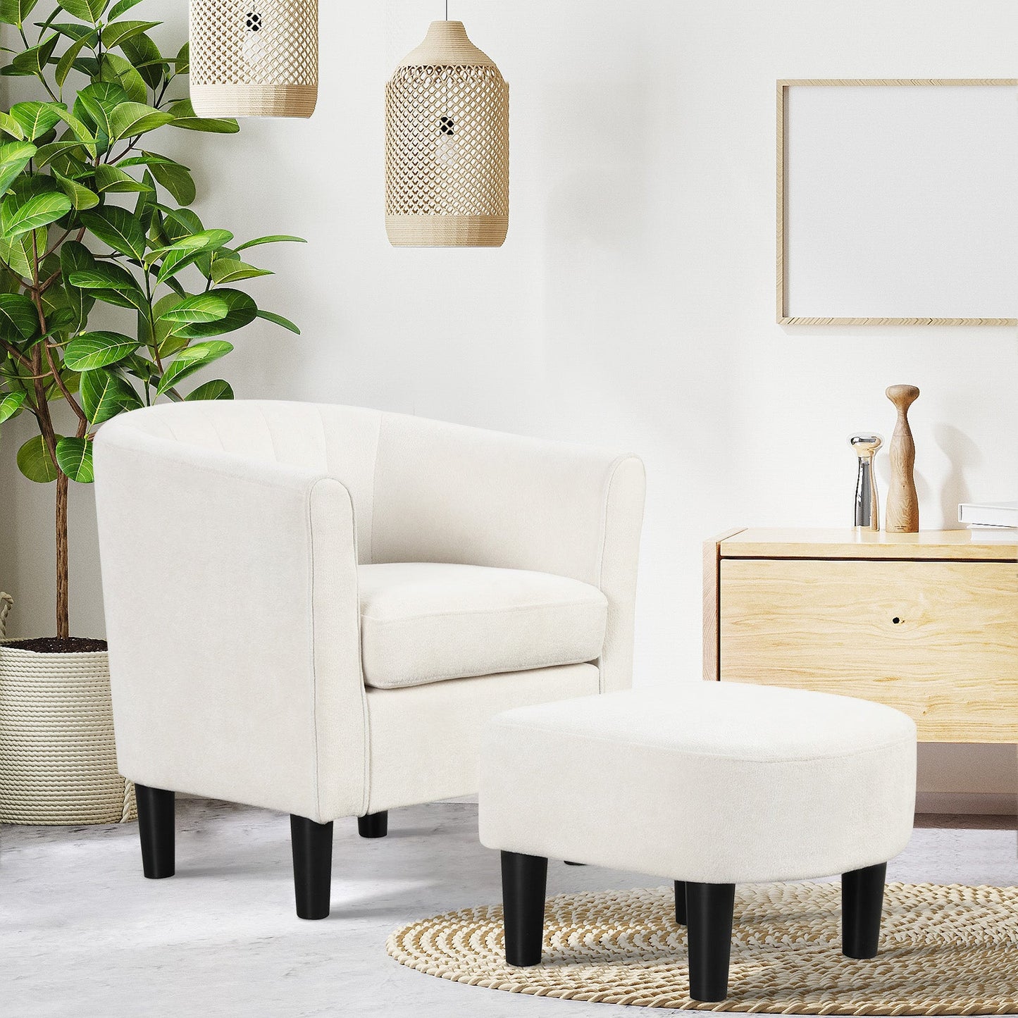 Sillón club de terciopelo Teddy tapizado con otomana y reposapiés - Beige