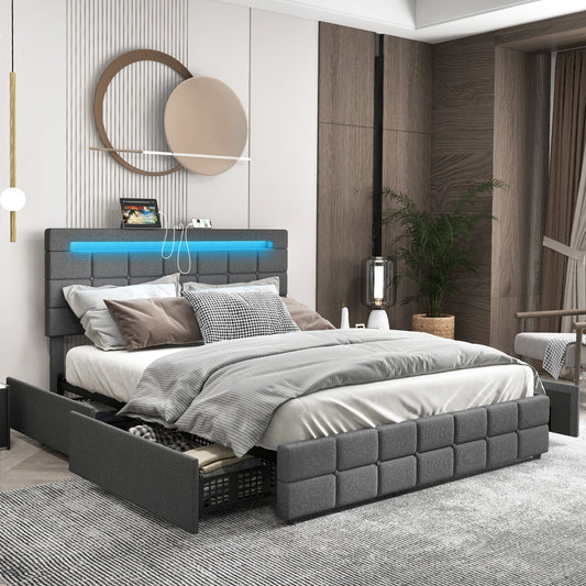 Upholstered LED Bed Frame with Headboard and 4 Drawers-Full Size - Tampa Home & Garden Store