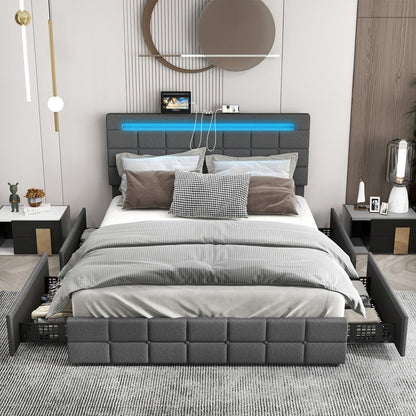 Estructura de cama LED tapizada con cabecero y 4 cajones - Tamaño completo