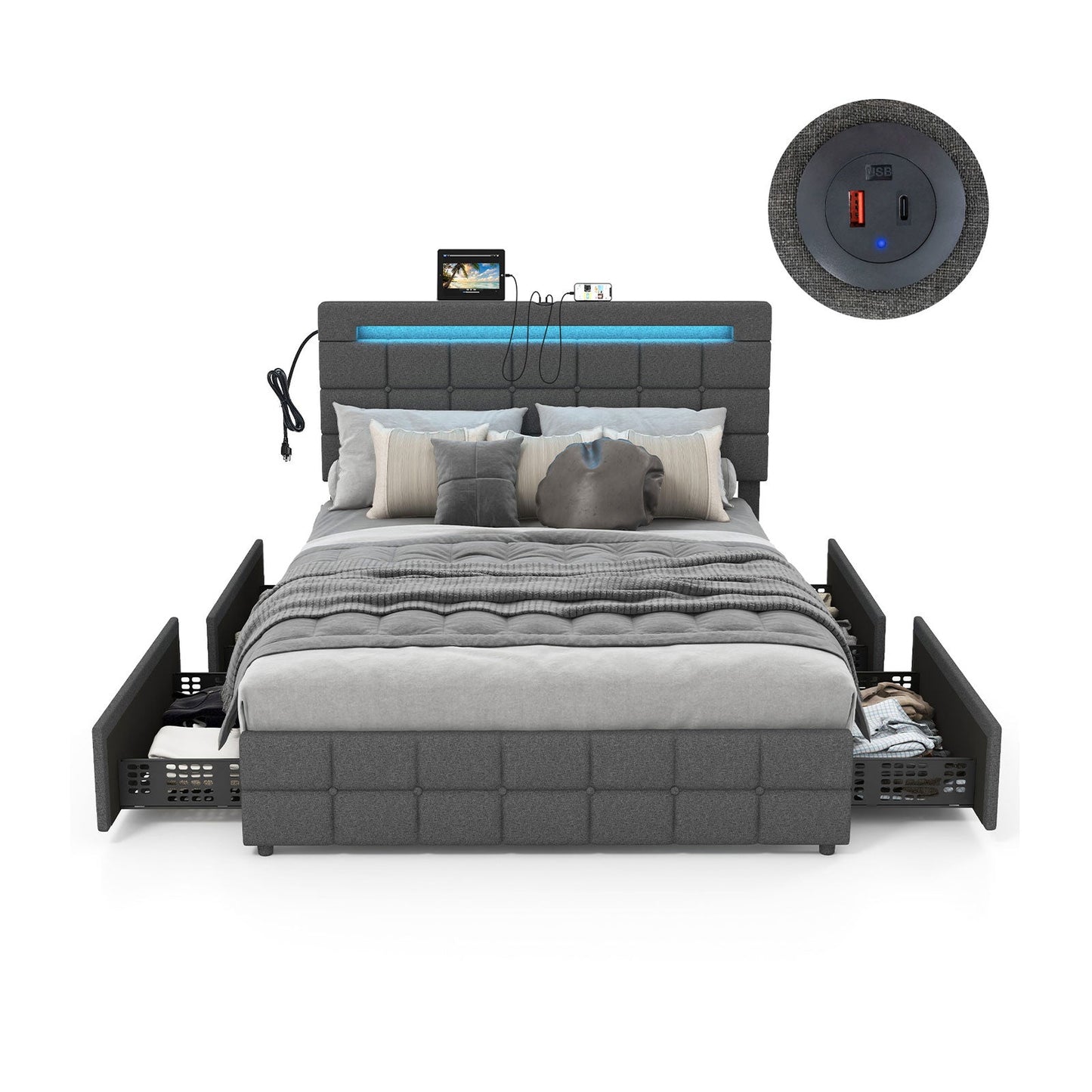Estructura de cama LED tapizada con cabecero y 4 cajones - Tamaño completo