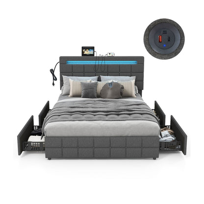 Estructura de cama LED tapizada con cabecero y 4 cajones - Tamaño completo